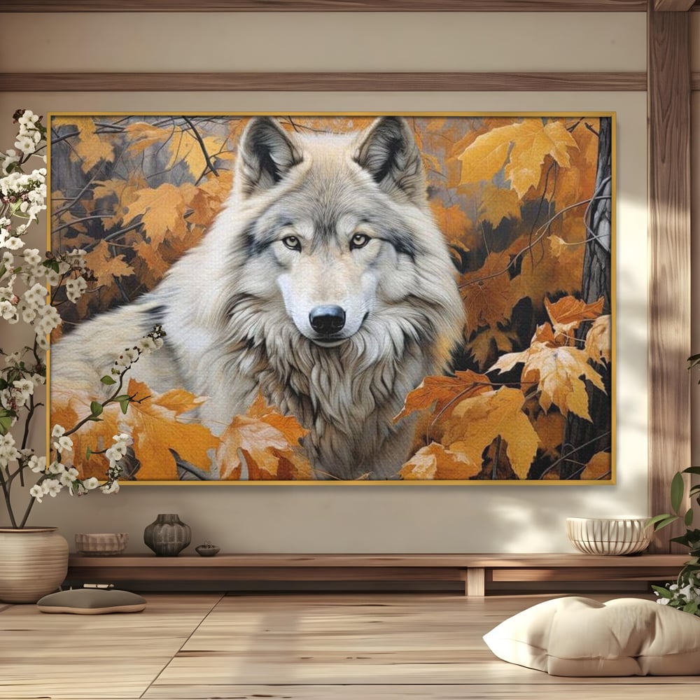 Tablou canvas cu tablou canvas cu lup in toamna, in rama de aluminiu auriu
